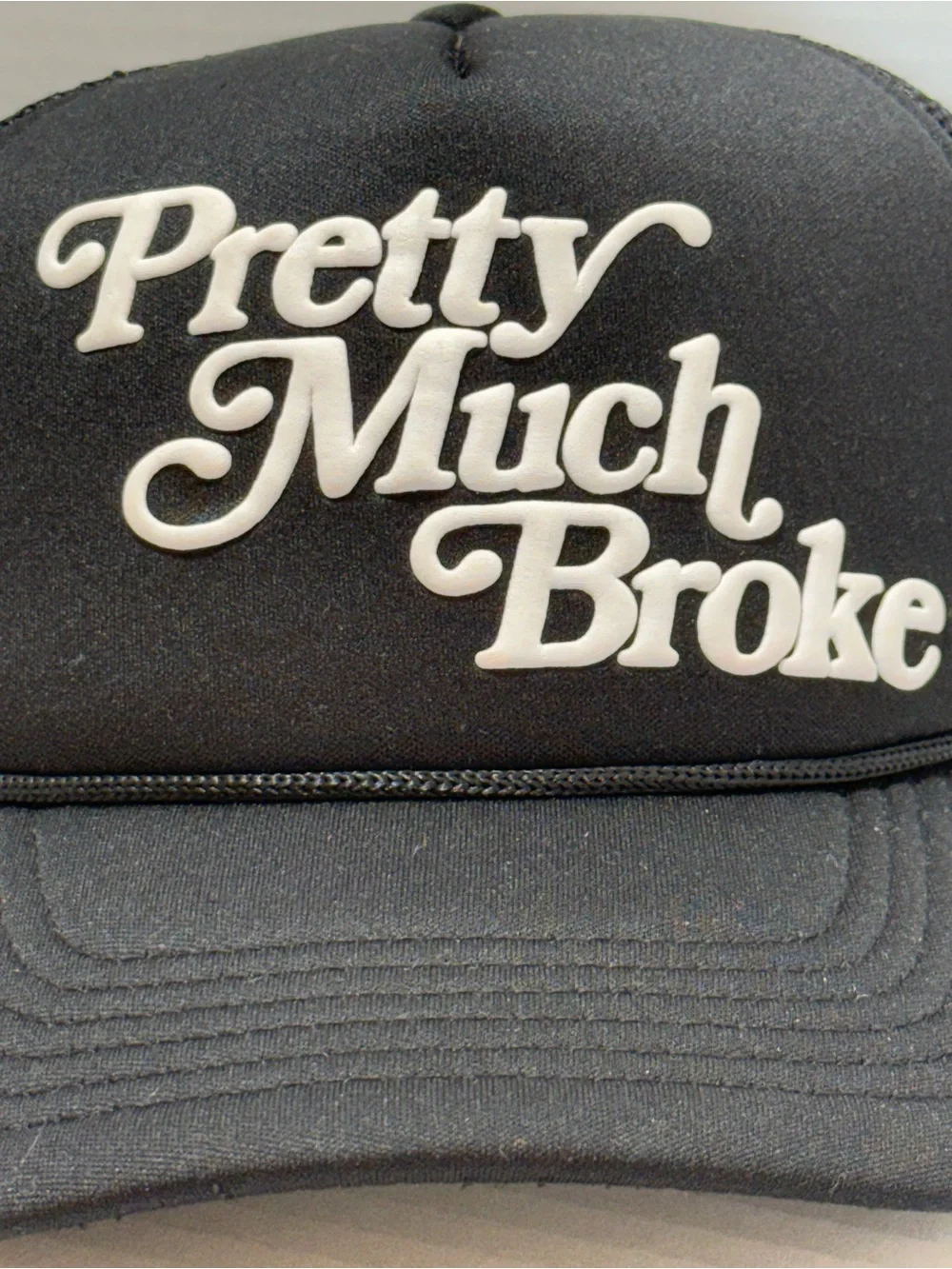 Apthcry “Pretty Much Broke” Black Foam Mesh Trucker Hat